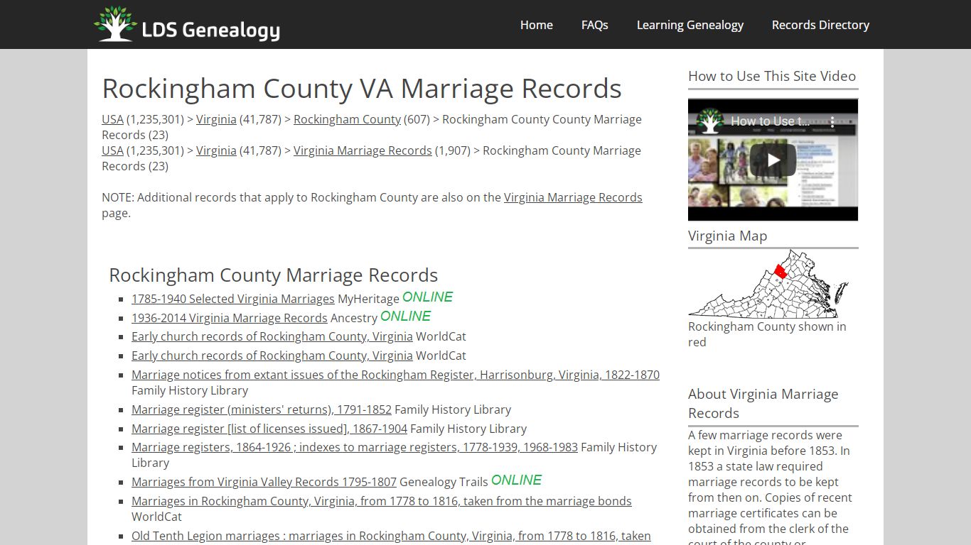 Rockingham County VA Marriage Records - LDS Genealogy