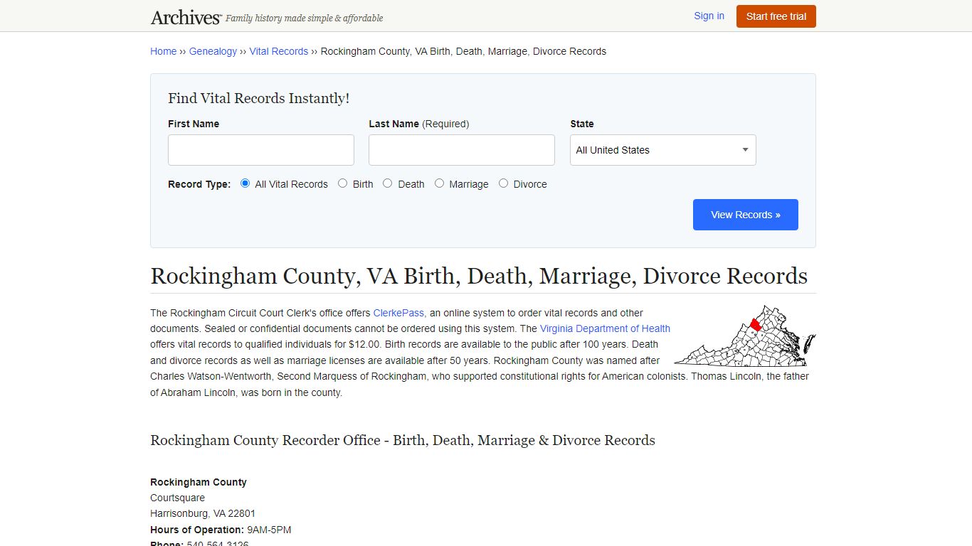 Rockingham County, VA Birth, Death, Marriage, Divorce Records